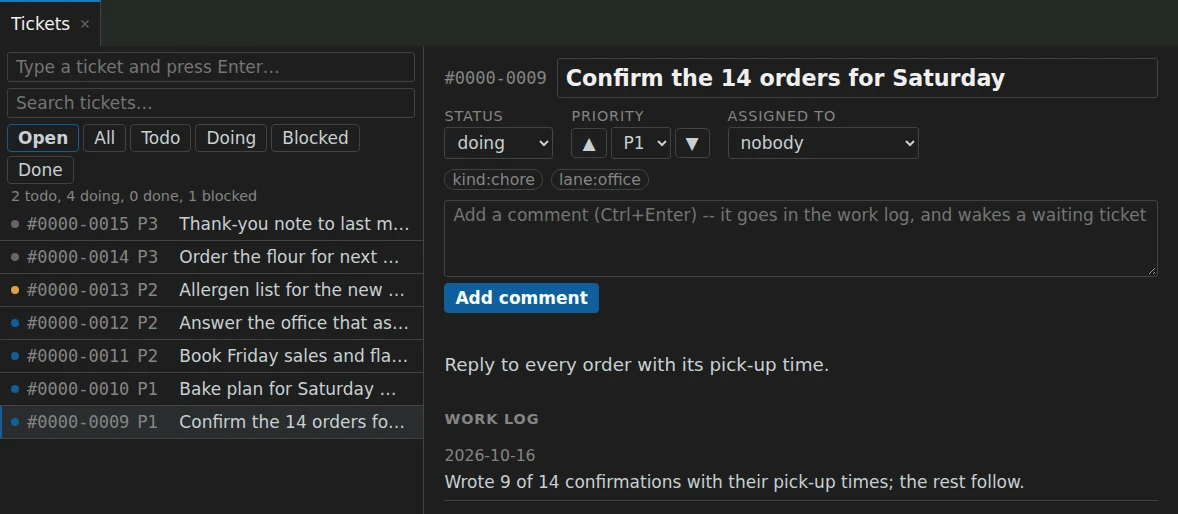 Tickets in Virtual Company Builder: a list of open work on the left, and on the right one ticket with its status, priority, labels and work log.